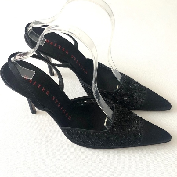 Walter Steiger Black Satin Beaded Slingback Pumps